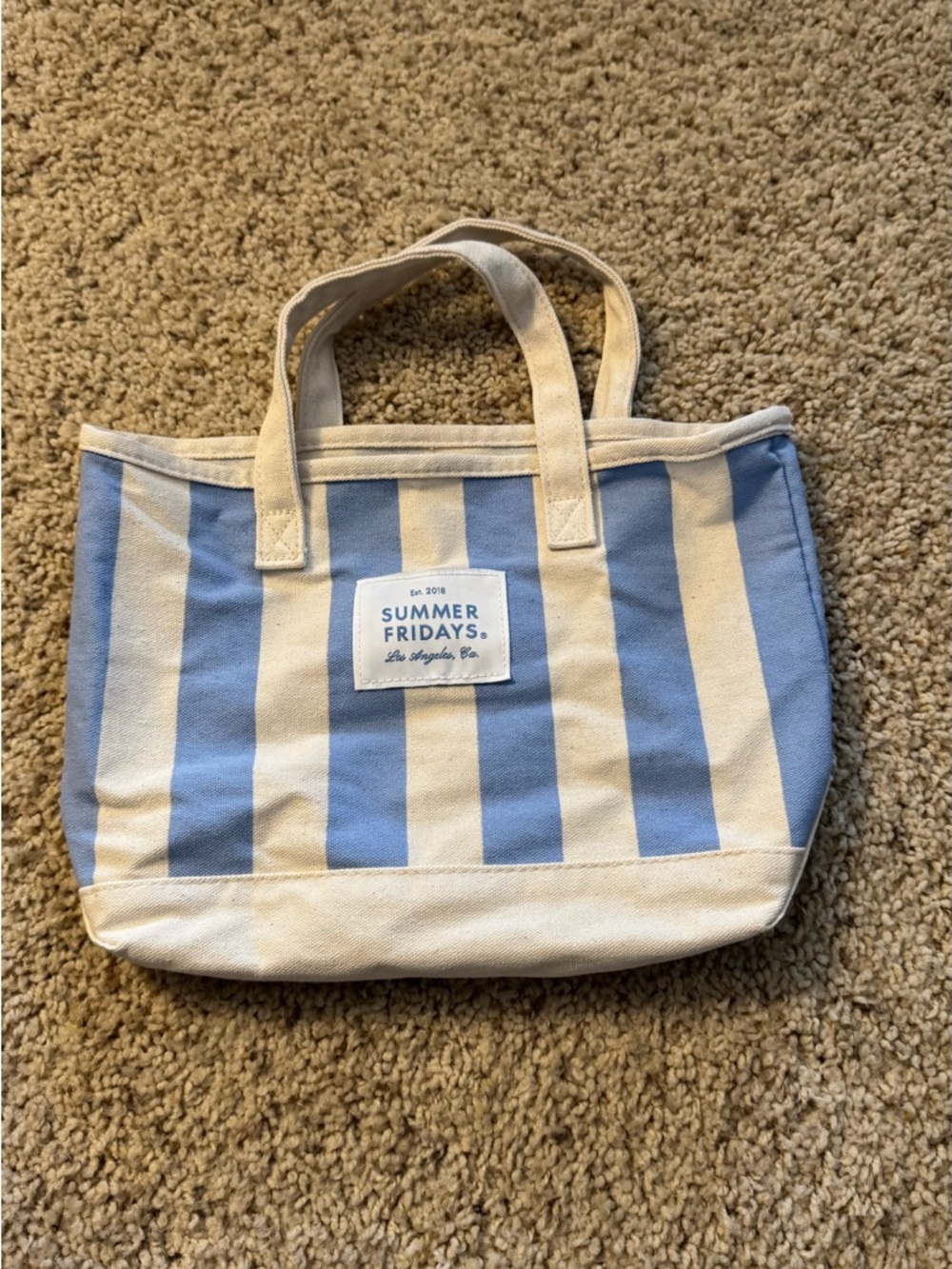 Summer Fridays Blue and Cream Striped Canvas Tote Bag